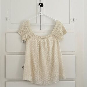 Anthropologie Odille Silk Eyelet Crochet Sleeve Blouse Top Cream Size Medium